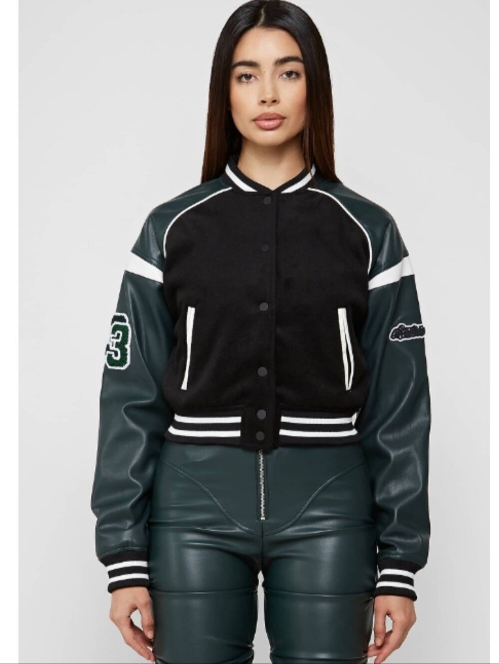 Maniere De Voir Vegan Leather & Wool Varsity Jacket Green, Size 4